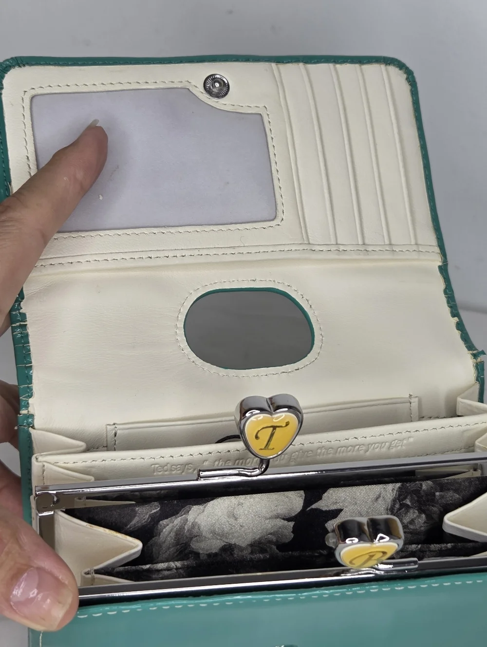 Ted Baker Turquoise Patent Leather Zip Wallet withSilver Accents/Floral Interior - Picture 9 of 14
